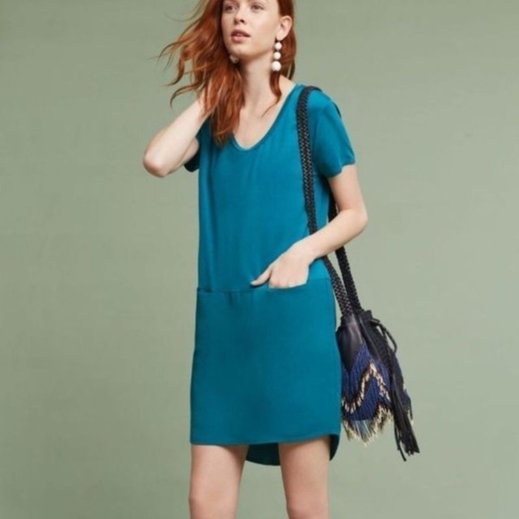 DOLAN Anthropologie Loren Shift Dress Turquoise Minimalist Lagenlook Medium NWT - Picture 1 of 16